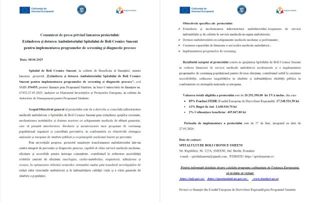 Comunicat de presa privind lansarea proiectului: Extinderea și dotarea Ambulatoriului Spitalului de Boli Cronice Smeeni pentru implementarea programelor de screening și diagnostic precoce Comunicat de presa privind lansarea proiectului: Extinderea și dotarea Ambulatoriului Spitalului de Boli Cronice Smeeni pentru implementarea programelor de screening și diagnostic precoce